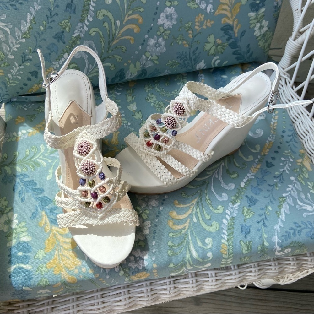NWOT Mackin J summer wedge with beading and braids. Five inches of glamour.